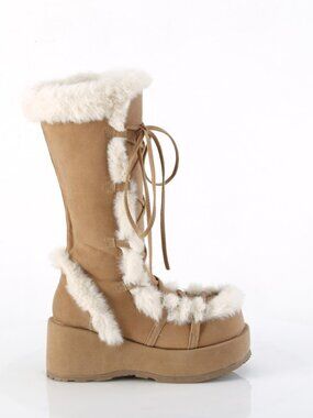 Camel Vegan Suede Mid-Calf Boots with Faux Fur Trim and Full Inner Side Zip